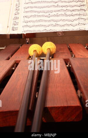 Marimba, maillets, et les feuilles de musique Banque D'Images