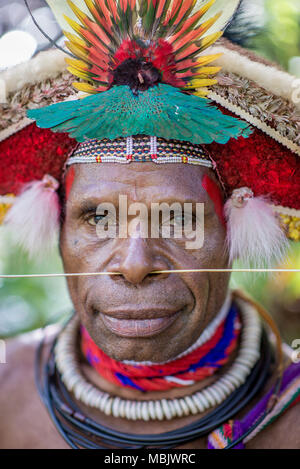 Portrait d'un professeur pour adultes Huli initie, Tari Valley, Papouasie Nouvelle Guinée Banque D'Images