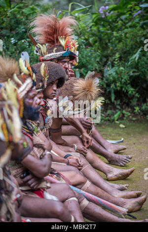 Un groupe d'assise Huli wigmen attente pour effectuer un sing-sing-show, Tari Valley, Papouasie Nouvelle Guinée Banque D'Images