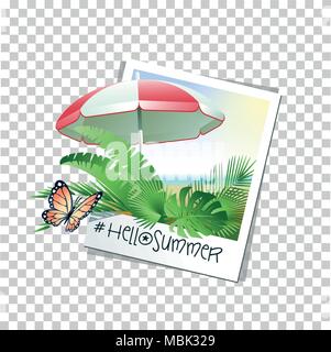 Hello Summer concept avec cadre photo, feuilles tropicales, parasol et grille papillon isolé sur fond transparent. Vector illustrat Illustration de Vecteur