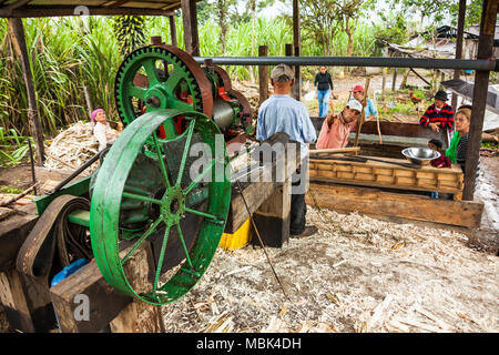 SANTO DOMINGO, l'ÉQUATEUR - 15 avril 2010 : La famille d'agriculteurs travaillant dans le trapiche pour la canne à sucre sur sa ferme de Santo Domingo, l'Équateur. Banque D'Images