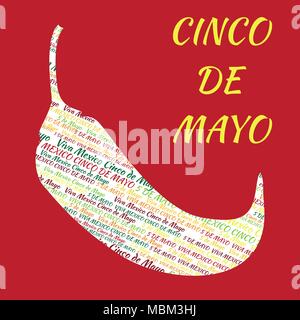 Le Cinco de Mayo. Concept de l'événement. Silhouette de piment jalapeno avec texte à l'intérieur sur un fond rouge Illustration de Vecteur