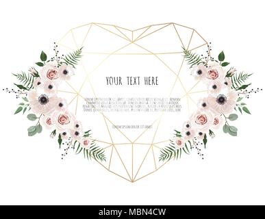 Carte de Saint-Valentin sur fond blanc avec coeur polygonal de tendances et de fleurs de printemps. Illustration de Vecteur