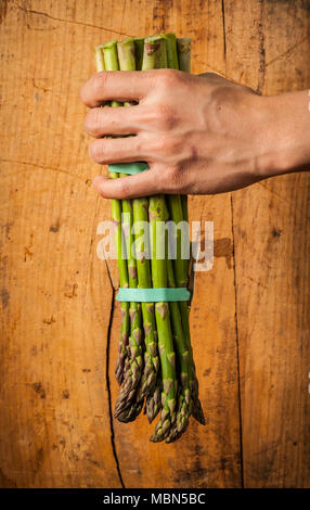 Studio d'une main la vie encore une bande de préhension asperges à l'avant d'un fond en bois. Banque D'Images