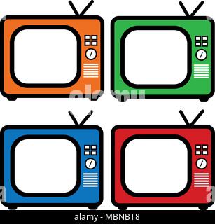 Rouge, bleu, vert et orange tv rétro dessin. Vecteur de style plat. L'icône de la télévision, d'un symbole isolé sur fond blanc. Les appareils multimédia. Ensemble de quatre Illustration de Vecteur