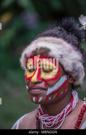 Portrait d'une jeune fille avec face Huli peint pour l'ouvrir la danse, Tari Valley, Papouasie Nouvelle Guinée Banque D'Images