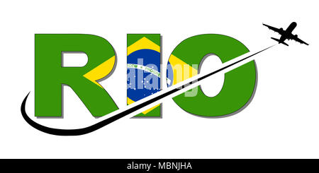 Drapeau de Rio avec texte et illustration silhouette avion swoosh Banque D'Images