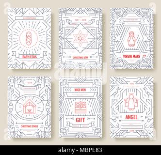 Joyeux Noël ligne mince brochure vector set. cartes naissance du Christ modèle de flyear, magazines, affiches, bannières, couverture de livre. Éléments de mise en page illustrations Aperçu pages modernes Illustration de Vecteur