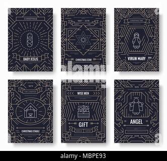 Joyeux Noël ligne mince brochure cards set. Naissance du Christ modèle de flyear, magazines, affiches, couverture de livre, bannières. contours invitation concept arrière-plan. La qualité de mise en page pages modernes Illustration de Vecteur