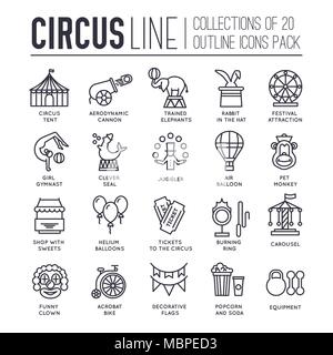 Cirque de qualité Premium collection icônes contour défini. Symbole linéaire Festival pack. Modèle moderne montrent mince ligne d'icônes, logos, symboles, pictogrammes et télévision Illustration de Vecteur