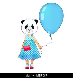 Little fashion girl panda habillé en robe. Hipster bear animal en robe ballon. Kid Panda habillé en style urbain Illustration de Vecteur