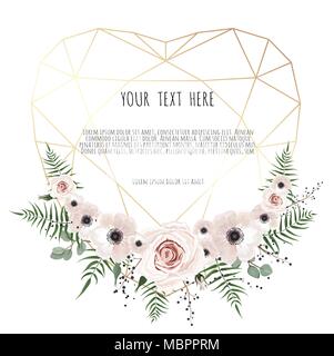 Carte de Saint-Valentin sur fond blanc avec coeur polygonal de tendances et de fleurs de printemps. Illustration de Vecteur