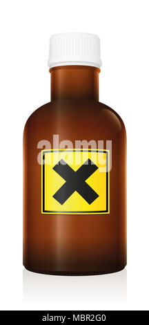 Médicament. Bouteille avec symbole de danger avertissement à cause d'ingrédients irritants - illustration sur fond blanc. Banque D'Images