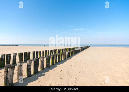 La plage de Breskens aux Pays-Bas sur une journée ensoleillée, à l'avant-plan des pieux en bois, brise-lames Banque D'Images