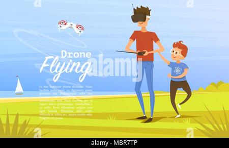 Arrière-plan de contrôle à distance. Drone moderne concept pour site web, carte et poster. L'homme de l'enfant apprend à jouer dehors dans le parc. Robot radio, la technologie vidéo. Piloting multicopter. Véhicule aérien sans pilote. Illustration de Vecteur