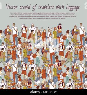 Couleur foule les voyageurs avec bagages. Illustration de Vecteur