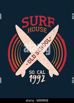 Surf Club stamp art avec grunge texture et de surf à la main. Surf Shop d'été idéal pour imprimer des étiquettes de texte, carte ou usage textile. Vecteur EPS10. Illustration de Vecteur