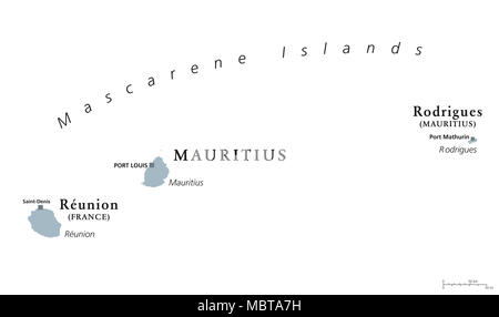 Mascareignes, une carte politique. Maurice, la réunion et Rodrigues. Mascarenhas archipel, un groupe d'îles dans l'Océan Indien. L'étiquetage en anglais. Banque D'Images