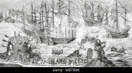 L'embarquement d'Henry VIII à Douvres, le 31 mai 1520. Henry VIII et sa flotte de mettre les voiles de Douvres à Calais sur la façon de rencontrer Francis je sur le domaine du Drap d'or. La réunion a été organisée afin d'augmenter le lien d'amitié entre les deux rois à la suite du traité franco-anglais de 1514. À partir de la vieille Angleterre : A Pictorial Museum, publié 1847. Banque D'Images