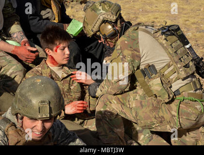 Étudiant de l'École de sauveteurs-parachutistes de l'USAF le triage des patients au cours d'un exercice d'un grand nombre de blessés ici Jan 6. L'exercice, partie d'une séquence de mission complète adulte Pararescuemen de sauvetage au combat et les étudiants doivent faire face à l'agent avant l'obtention du diplôme, inclus plus de 100 aviateurs et soldats. Les membres de la 3-501e Brigade d'assaut aérien de Fort Bliss, Texas, à condition que l'élément air avec hélicoptères Blackhawk UH-60. (Air Force photo par Jim Fisher) Banque D'Images