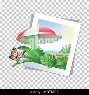 Cadre photo d'été avec parasol, feuilles tropicales et grille papillon isolé sur fond transparent. Vector illustration. Illustration de Vecteur