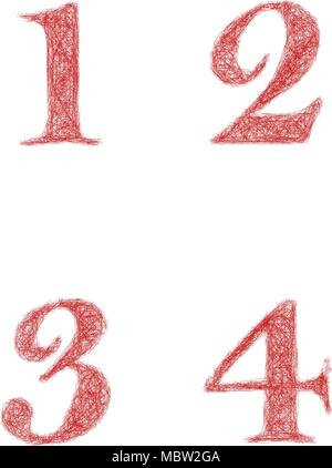 Croquis rouge font set - numéros 1, 2, 3, 4 Illustration de Vecteur