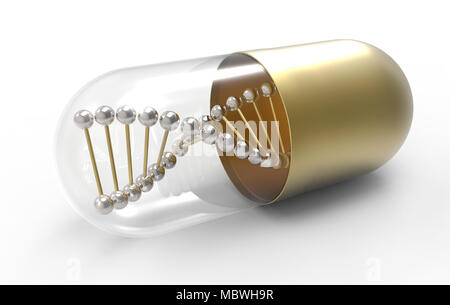 Molécule d'ADN d'or en capsule médicale. 3d illustration Banque D'Images