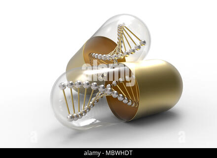 Golden medical capsules avec de molécule d'ADN. La médecine génétique concept. 3D illustration Banque D'Images