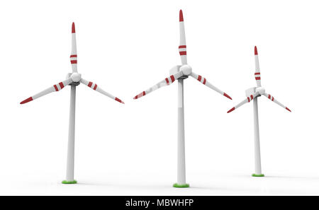 Groupe d'Éolienne isolé sur blanc. Concept d'énergie renouvelable. 3D illustration Banque D'Images