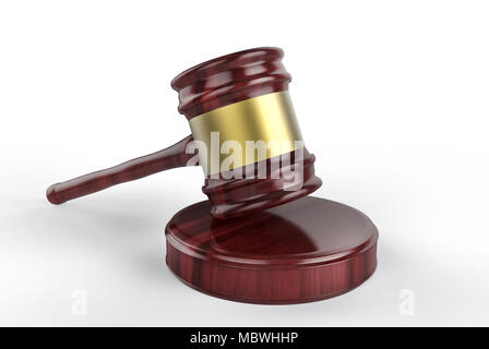 Marteau juge sur blanc. Concept de la Loi et de la Justice. Close up. 3D illustration Banque D'Images