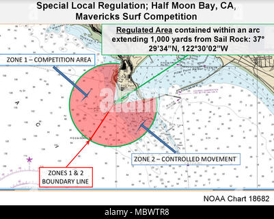 Le secteur de la Garde côtière de San Francisco est un commandement de la Garde côtière des États-Unis responsable de la sécurité maritime dans la région de la baie de San Francisco. L'image d'archives documente l'établissement d'une zone de sécurité réglementée lors de la compétition Mavericks Surf à la mi-janvier pour contrôler le trafic maritime près du site de l'événement. Banque D'Images