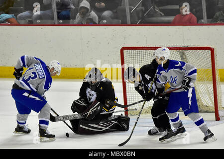 Gardien de l'Armée de Michael Allen de Las Vegas, Nevada, se dévie un tir au but de l'Armée de l'air dans la 5e édition de la force armée contre Air match de hockey 13 janvier 2018, à la patinoire Sullivan à Anchorage. Bien que l'armée a marqué le premier pour commencer le jeu, l'armée de l'Air a pris un avantage de 3-2 dans la série avec un commandant 11-1 raclée de l'armée les patineurs. (Photo de l'Armée/John Pennell) Banque D'Images