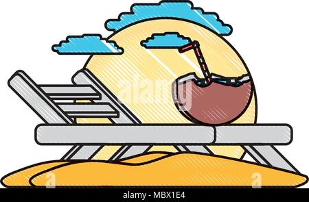 Siège de plage avec un verre de coco sur fond blanc, design coloré. vector illustration Illustration de Vecteur