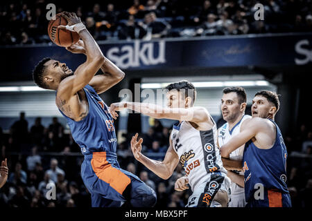 Tallinn, Tallinn, Estonie. Apr 11, 2018. Kristjan Kangur de BC Kalev Cramo vu pendant le match de Ligue des VTB que BC Kalev Cramo a perdu 95:105 pour le CSKA Moscou à Saku Suurhall à Tallinn. Credit : Hendrik Osula SOPA/Images/ZUMA/Alamy Fil Live News Banque D'Images