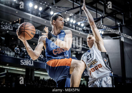 Tallinn, Tallinn, Estonie. Apr 11, 2018. Kristjan Kangur de BC Kalev Cramo vu pendant le match de Ligue des VTB que BC Kalev Cramo a perdu 95:105 pour le CSKA Moscou à Saku Suurhall à Tallinn. Credit : Hendrik Osula SOPA/Images/ZUMA/Alamy Fil Live News Banque D'Images