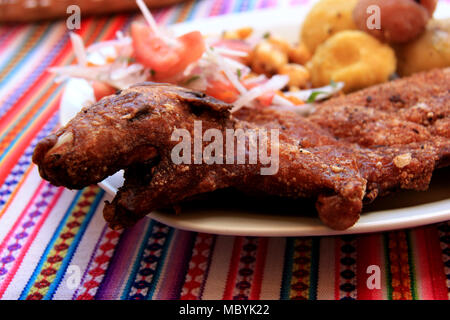 Fried Cuy (cobaye) sur une plaque dans un restaurant à Ollantaytambo, Pérou Banque D'Images