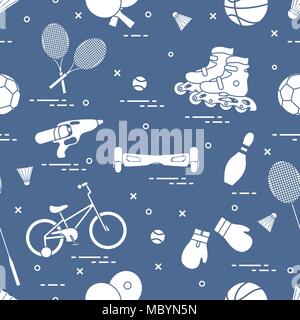 Modèle avec Vélo, rollers, gyroscooter, gants de boxe, pistolet à eau, et des marchandises pour bowling, tennis de table, tennis, badminton, football, basket-ball. Illustration de Vecteur