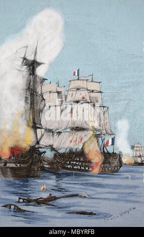 Bataille de Trafalgar (21 octobre 1805). Belligérants : le français et les Marines Spanis face à la Royal Navy. La victoire des Britanniques. Gravure, 19e ch. Banque D'Images