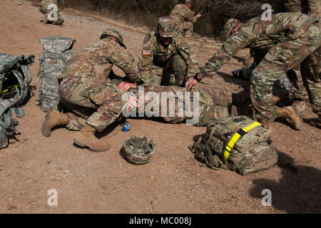 Les candidats de l'Artillerie de 2-82, 3ème Armored Brigade Combat Team, 1re Division de cavalerie, près de la fin des événements avant leur ruck-mars en remplissant une voie médicale, au cours de l'épi 9 Janvier, ride sur Fort Hood. (U.S. Photo de l'armée par le Sgt. Jessica A. DuVernay, 3ABCT Affaires publiques) Banque D'Images