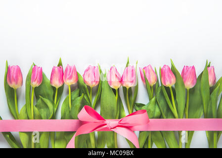 Vue de dessus de tulipes roses disposées en ligne, enveloppés de ruban rose sur fond blanc. Banque D'Images