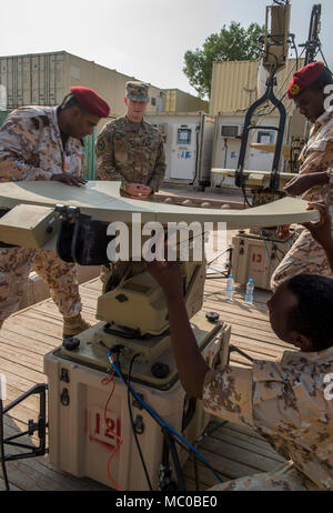 La CPS de l'armée américaine. Taylor Noble, un opérateur de transmission multi-mainteneur et affecté à la Force opérationnelle interarmées - Corne de l'Afrique (CJTF-HOA) Direction générale des communications, les montres en tant que membres du service de l'Armée de Djibouti (FAD) mis en place une antenne au cours d'une de militaires à militaires Cours de change au Camp Lemonnier, Djibouti, le 8 janvier 2018. Tout au long d'une période de deux semaines, des experts de la communication a informé les membres du service djiboutien sur la façon de mettre en place, exploiter, entretenir et dépanner le matériel de réseau pour augmenter les capacités de communication entre l'Union africaine en Somalie. (U.S. Banque D'Images