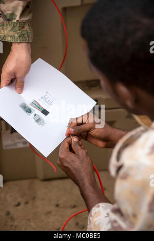 Une armée de Djibouti (FAD) membre commentaires un guide pour mettre en place les fils d'un câble au cours d'une de militaires à militaires cours d'échange avec des soldats américains affectés à la Force opérationnelle interarmées - Corne de l'Afrique (CJTF-HOA), la Direction des communications au Camp Lemonnier, Djibouti, 10 janvier 2018. Tout au long d'une période de deux semaines, des experts de la communication a informé les membres du service djiboutien sur la façon de mettre en place, exploiter, entretenir et dépanner le matériel de réseau pour augmenter les capacités de communication entre l'Union africaine en Somalie. (U.S. Photo de l'Armée de l'air par le sergent. Timothy Moore) Banque D'Images