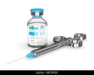 Le rendu 3D de la lidocaïne avec flacon en verre isolé seringue sur fond blanc. Concept d'anesthésie dentaire. La lidocaïne est un composé chimique organique-nous Banque D'Images