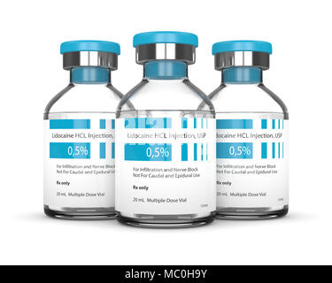 Le rendu 3D de la lidocaïne fiole de verre isolé sur fond blanc. Concept d'anesthésie dentaire. La lidocaïne est un composé chimique organique utilisé comme local Banque D'Images