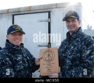 180119-N-LW591-006 Groton (Connecticut) (janvier 2018) Commodore19, l'escadre de sous-marins de douze, Capt Ollie Lewis a présenté le Livre blanc "P" de l'état de préparation du personnel à la plaque, à propulsion nucléaire de la classe Los Angeles, rapide, sous-marin d'attaque USS Pittsburgh (SSN 720), commandant, le cmdr. Jason Deichler, Vendredi, Janvier 19, 2018 Base de sous-marins à bord, New London Groton (Connecticut) Le prix a été remis à Pittsburgh pour l'équipage et l'état de préparation du personnel remarquable. Le Livre blanc "P" de préparation du personnel prix fait partie de la bataille de la concurrence l'efficacité c'est effectuée afin de renforcer et d'évaluer à la fois la commande et l'ensemble de f Banque D'Images