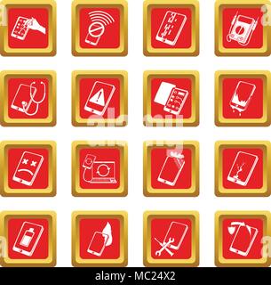 Téléphones portables réparation fix icons set carré rouge vector Illustration de Vecteur