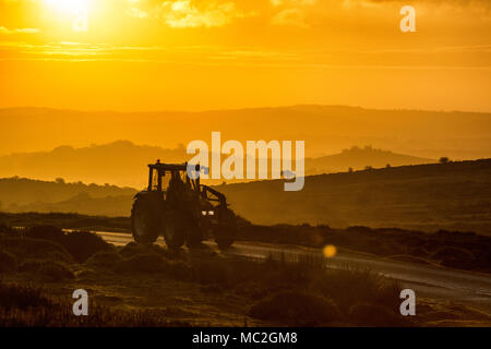 Un tracteur est conduit le long d'une route sur le foin Tor à Dartmoor dans le Devon au lever du soleil. Banque D'Images