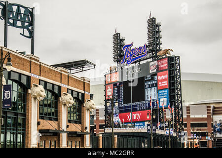 Tableau de bord de l'extérieur et de Comerica Park home pour les Tigers de Detroit. Le stade a une capacité de plus de 41 000 et remplace le Tiger Stadium en 2000. Banque D'Images