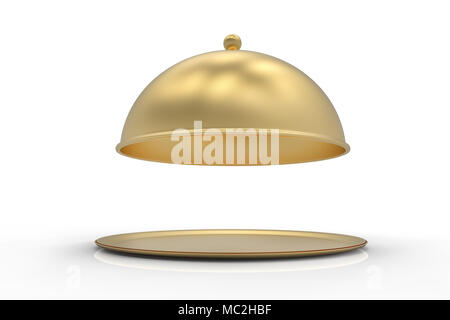 Restaurant Golden Plaque Cloche avec couvercle ouvert. 3d illustration Banque D'Images