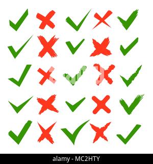 Les croix et les tiques. Coché vert et rouge correct traversé refuser vector collection signes isolé sur fond blanc Illustration de Vecteur